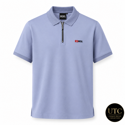 Diesel Men's Premium Light Blue Zip Polo Shirt | Soft Cotton Short Sleeve Casual Polo