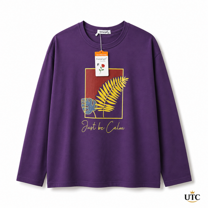 Women's Premium Oversized Long Sleeve Graphic Cotton T-Shirt – Purple | Just Be Calm Casual Crew Neck Tee