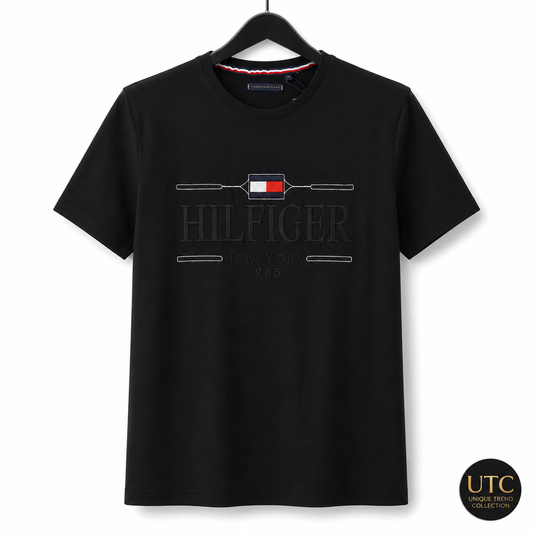 Tommy Hilfiger Men's Logo Graphic T-Shirt – Black | Premium Cotton Crew Neck | New York 1985