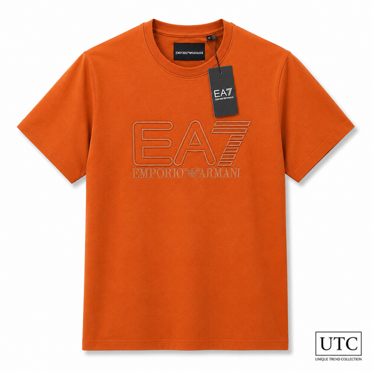 🧡 EA7 Emporio Armani Men's Premium Logo T-Shirt | Orange Cotton Crew Neck