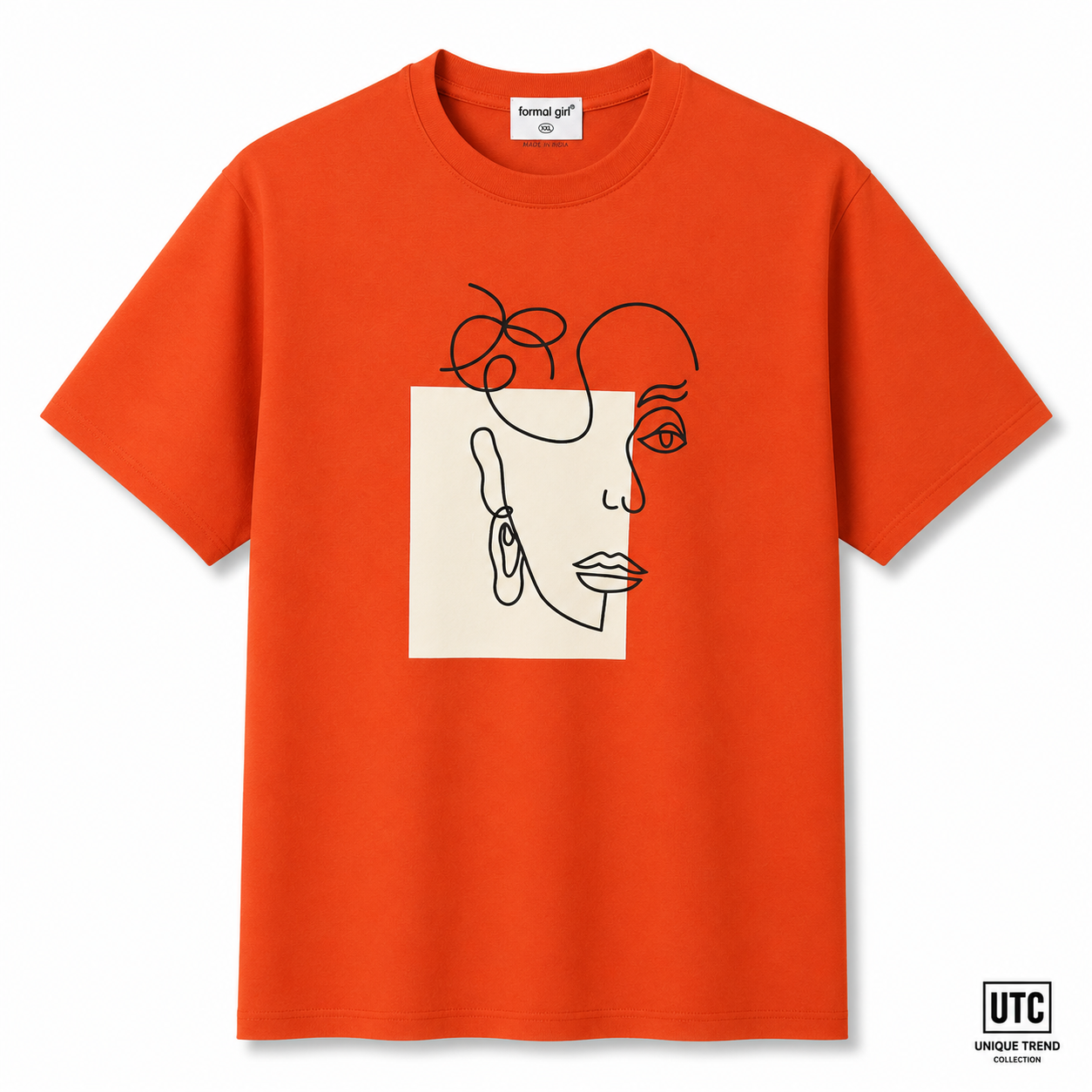 Formal Girl Women’s Orange Graphic T-Shirt – Abstract Face Print Crew Neck Tee