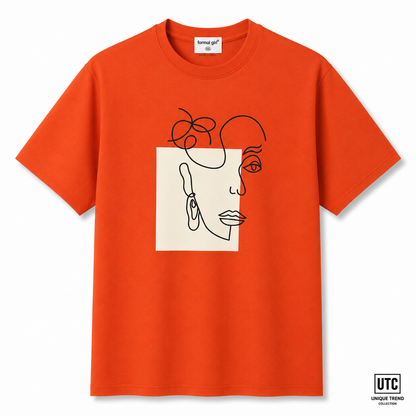 Formal Girl Women’s Orange Graphic T-Shirt – Abstract Face Print Crew Neck Tee