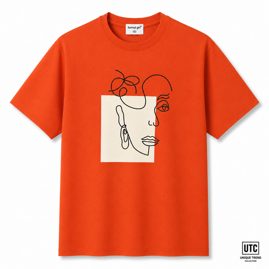 Formal Girl Women’s Orange Graphic T-Shirt – Abstract Face Print Crew Neck Tee