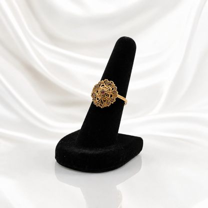 Traditional Indian Filigree Gold-Tone Floral Ring | Ruby Accent Statement Ring