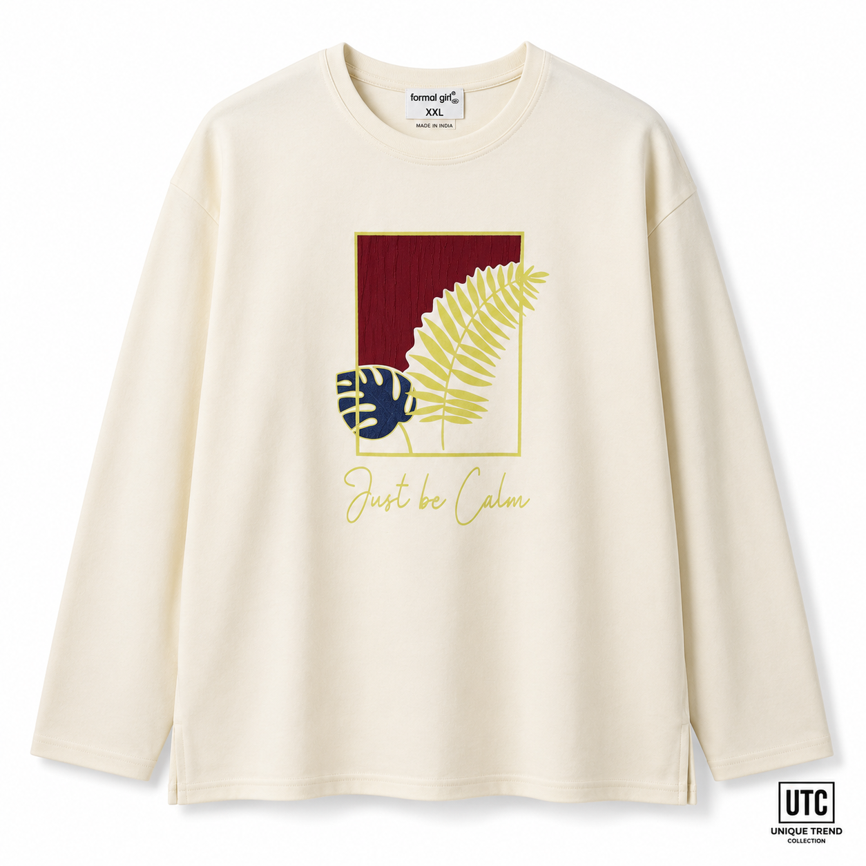 Formal Girl Women’s Cream Long Sleeve Graphic T-Shirt – Just Be Calm Casual Top
