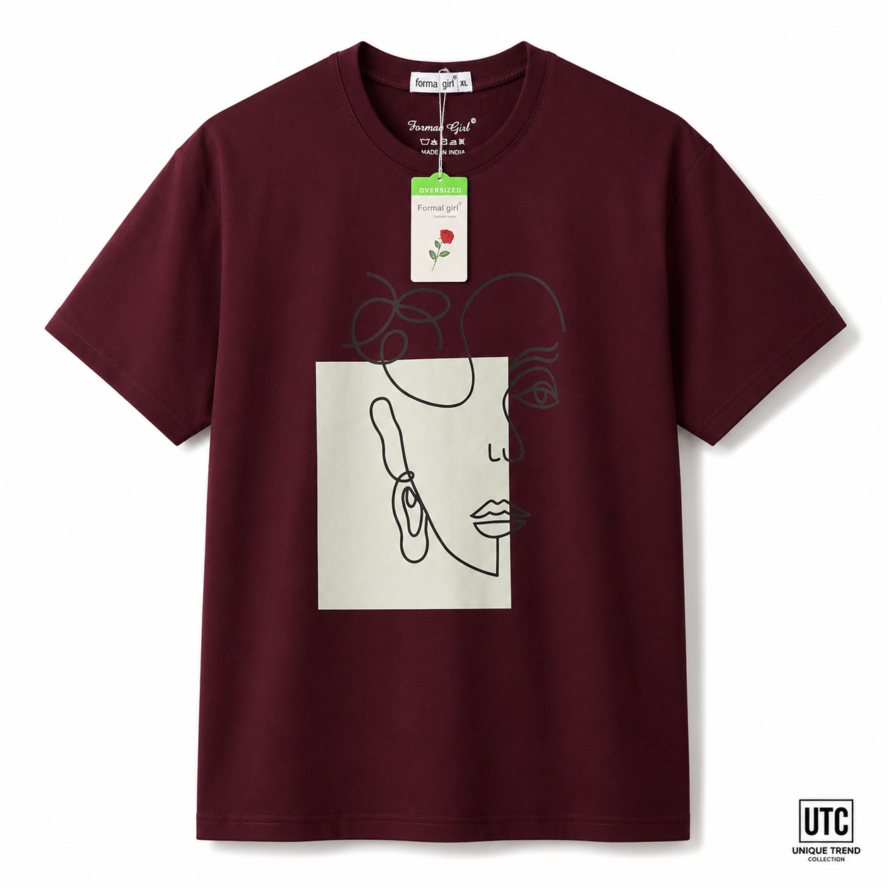 Formal Girl Women’s Oversized Burgundy Graphic T-Shirt – Abstract Face Print