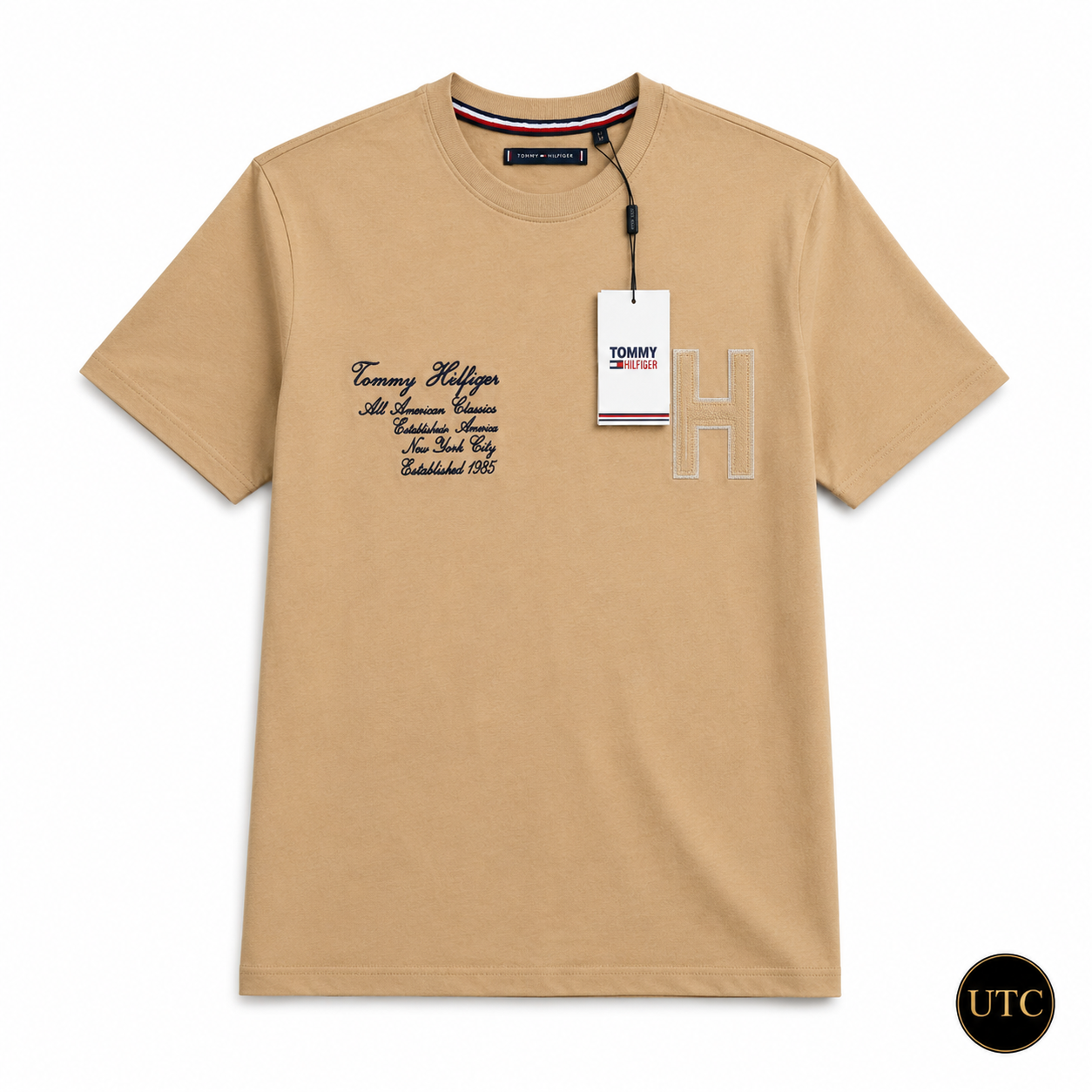 Tommy Hilfiger Men's Premium Camel Crew Neck T-Shirt | Short Sleeve Cotton Designer Tee
