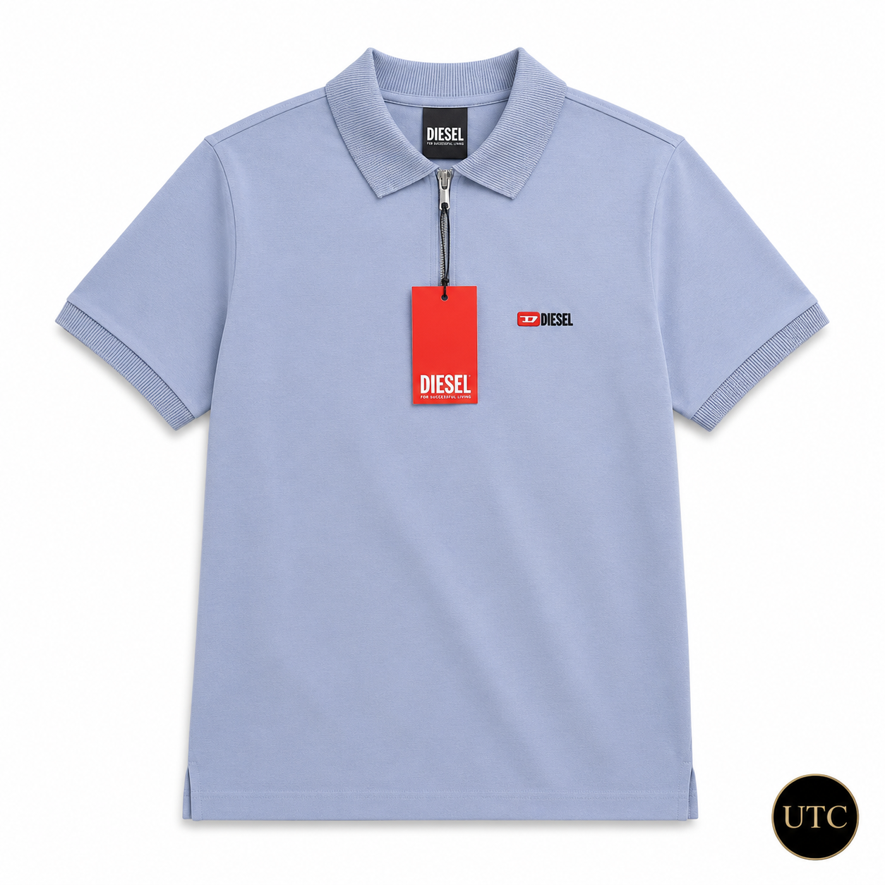 Diesel Men's Premium Light Blue Zip Polo Shirt | Soft Cotton Short Sleeve Casual Polo