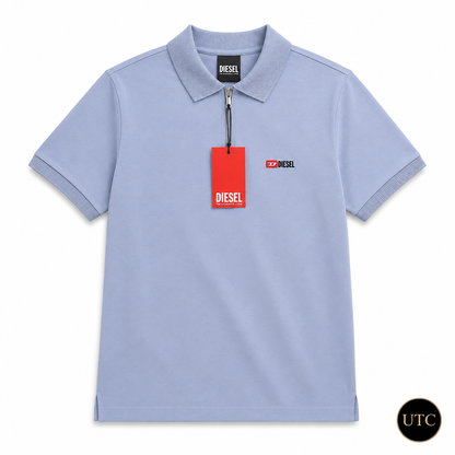 Diesel Men's Premium Light Blue Zip Polo Shirt | Soft Cotton Short Sleeve Casual Polo