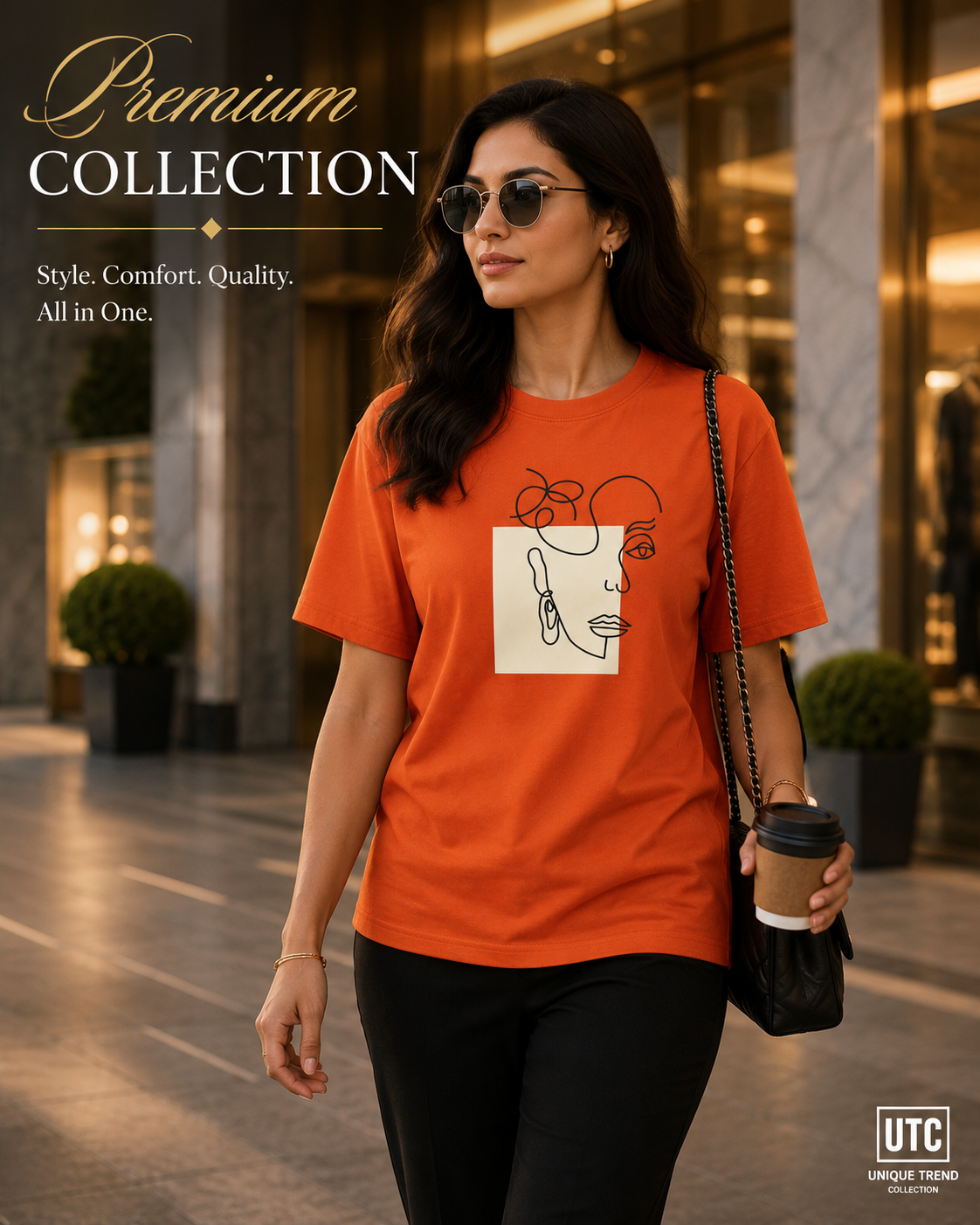 Formal Girl Women’s Orange Graphic T-Shirt – Abstract Face Print Crew Neck Tee