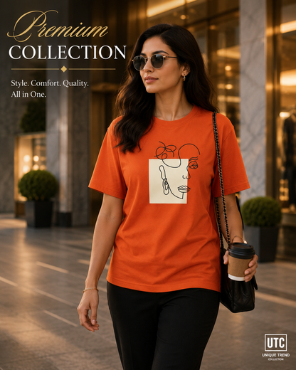 Formal Girl Women’s Orange Graphic T-Shirt – Abstract Face Print Crew Neck Tee