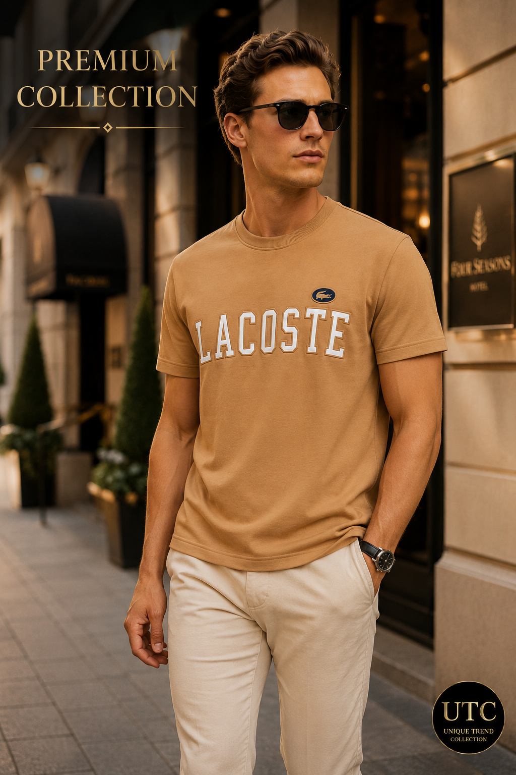 Lacoste Men's Logo Crew Neck T-Shirt – Camel | Premium Cotton Casual Tee
