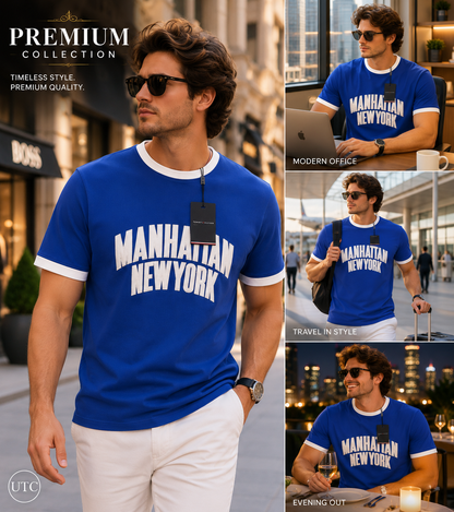 🔵✨ Premium Men's Royal Blue Crew Neck T-Shirt | Manhattan Graphic | Soft Cotton Blend ✨