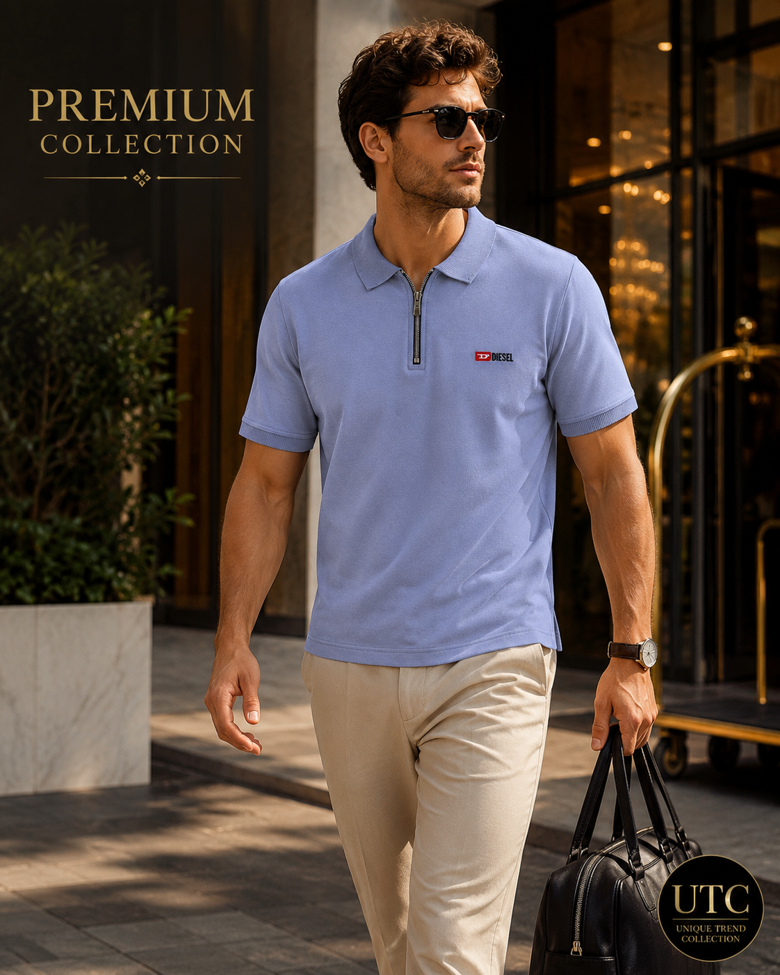 Diesel Men's Premium Light Blue Zip Polo Shirt | Soft Cotton Short Sleeve Casual Polo