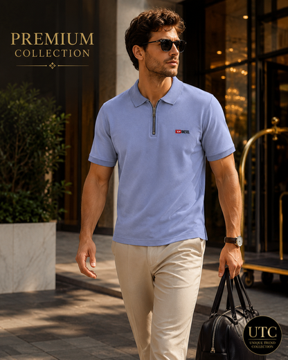 Diesel Men's Premium Light Blue Zip Polo Shirt | Soft Cotton Short Sleeve Casual Polo