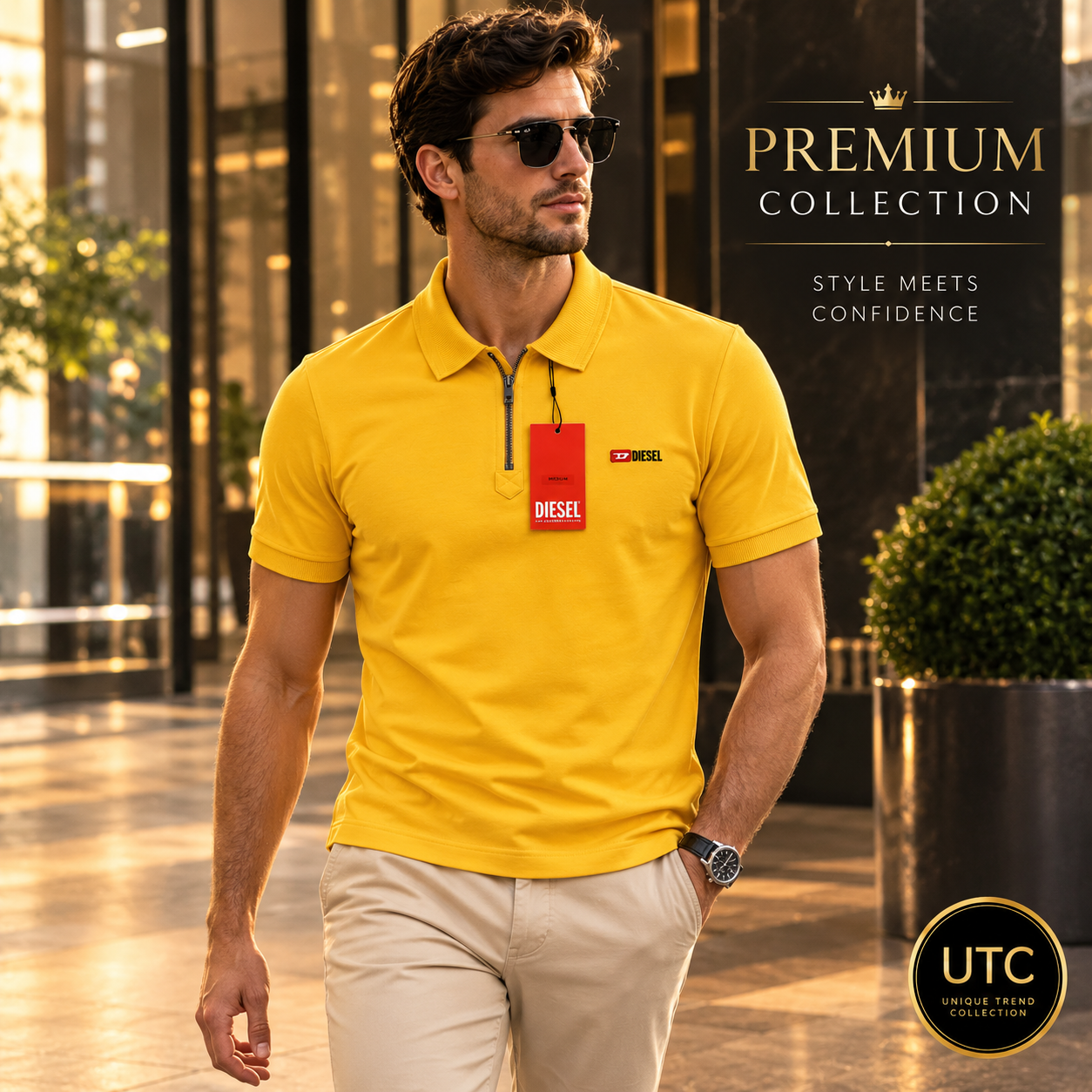 🔥 Diesel Men's Premium Yellow Zip Polo Shirt | Luxury Cotton Casual Golf Polo 👕💛