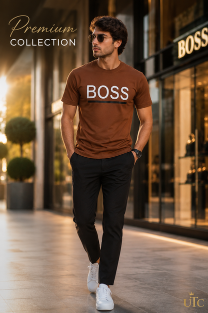 BOSS Men’s Brown Logo T-Shirt | Premium Short Sleeve Crew Neck Tee