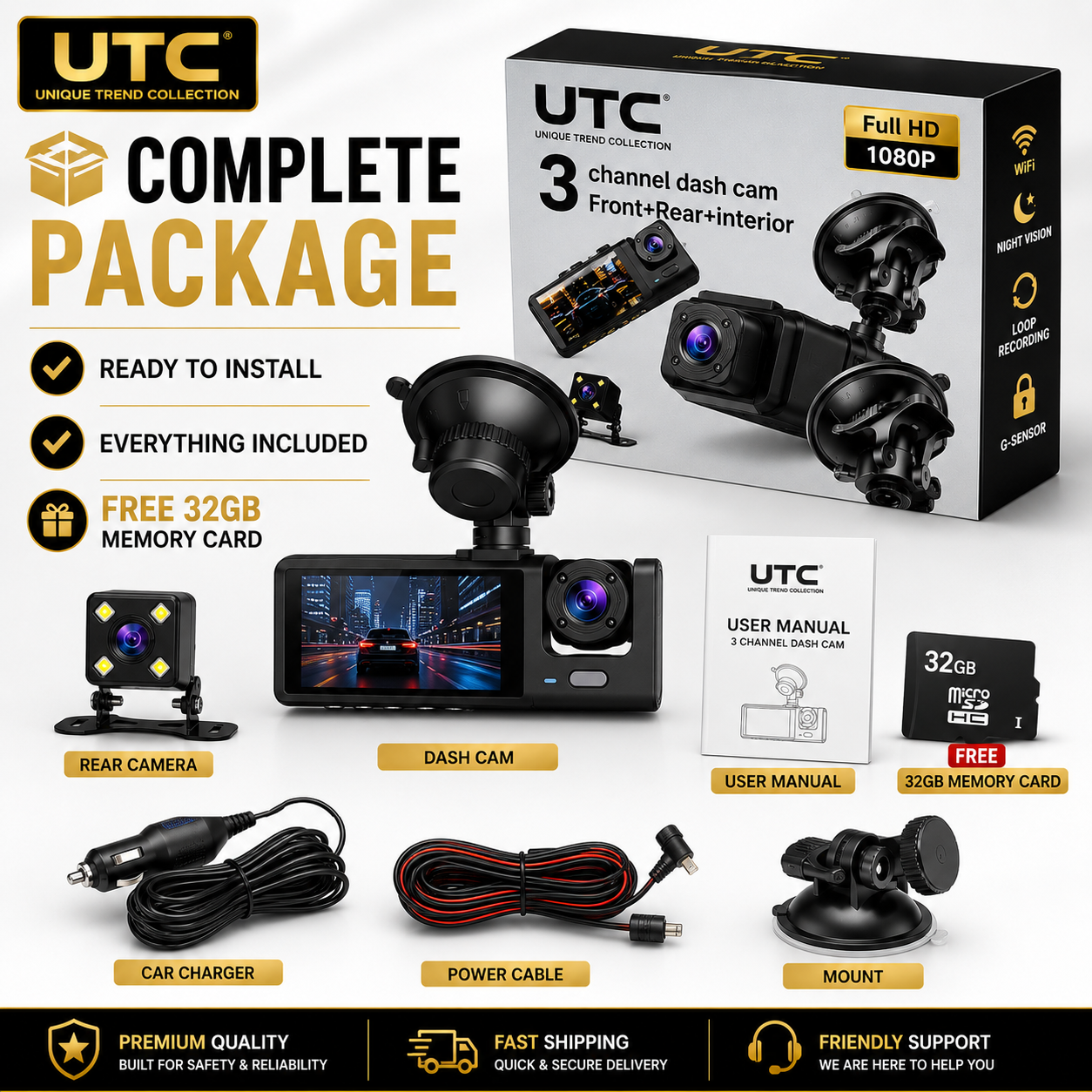 4G WiFi GPS 3-Channel Dash Cam | Front + Cabin + Rear | FREE 32GB Memory Card | Full HD 1080P