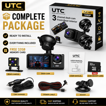 4G WiFi GPS 3-Channel Dash Cam | Front + Cabin + Rear | FREE 32GB Memory Card | Full HD 1080P