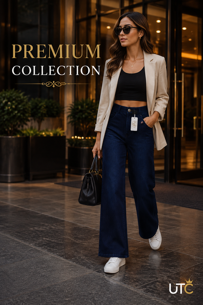 GREY RABBIT Women's Dark Blue Wide-Leg Jeans – High-Waist Stretch Denim Pants
