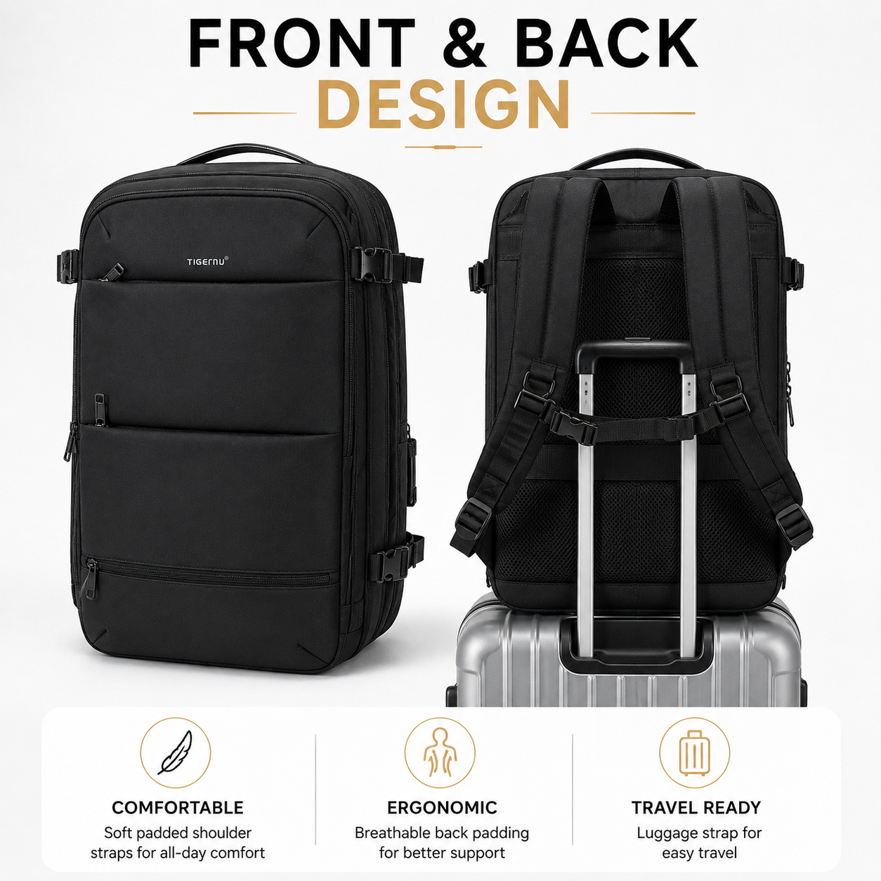 Tigernu Waterproof Vacuum Compression Laptop Backpack | Built-in Electric Vacuum Compression | Expandable 27L–37L | Anti-Theft | USB Charging | Fits 17" Laptop