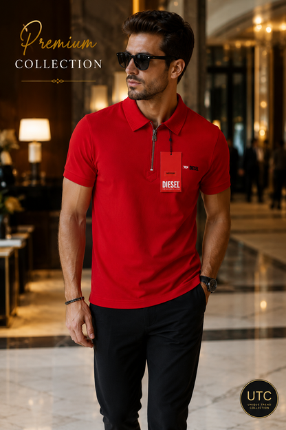 🔥 Diesel Men's Premium Red Quarter-Zip Polo Shirt | Luxury Cotton Casual Golf Polo ❤️👔
