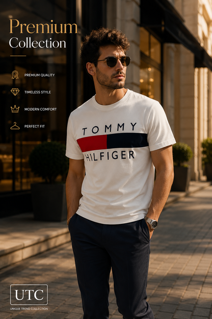 🤍 Tommy Hilfiger Men's Flag Logo T-Shirt | White Premium Cotton Crew Neck