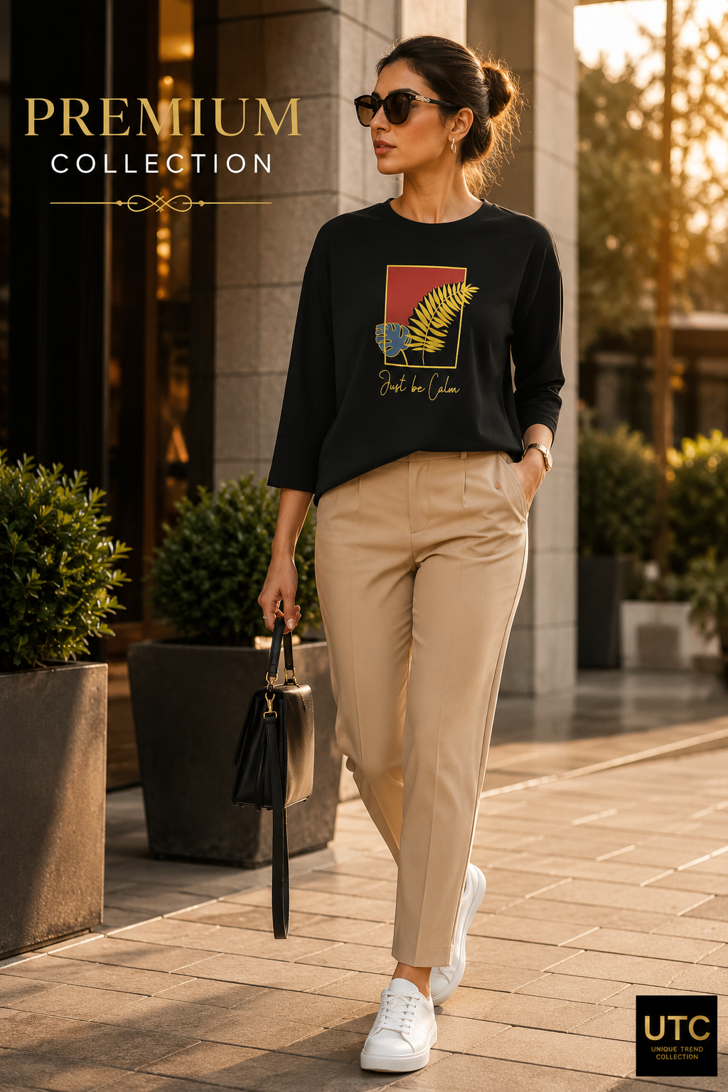 Women’s Premium Black “Just Be Calm” Graphic Long-Sleeve T-Shirt | Botanical Casual Top