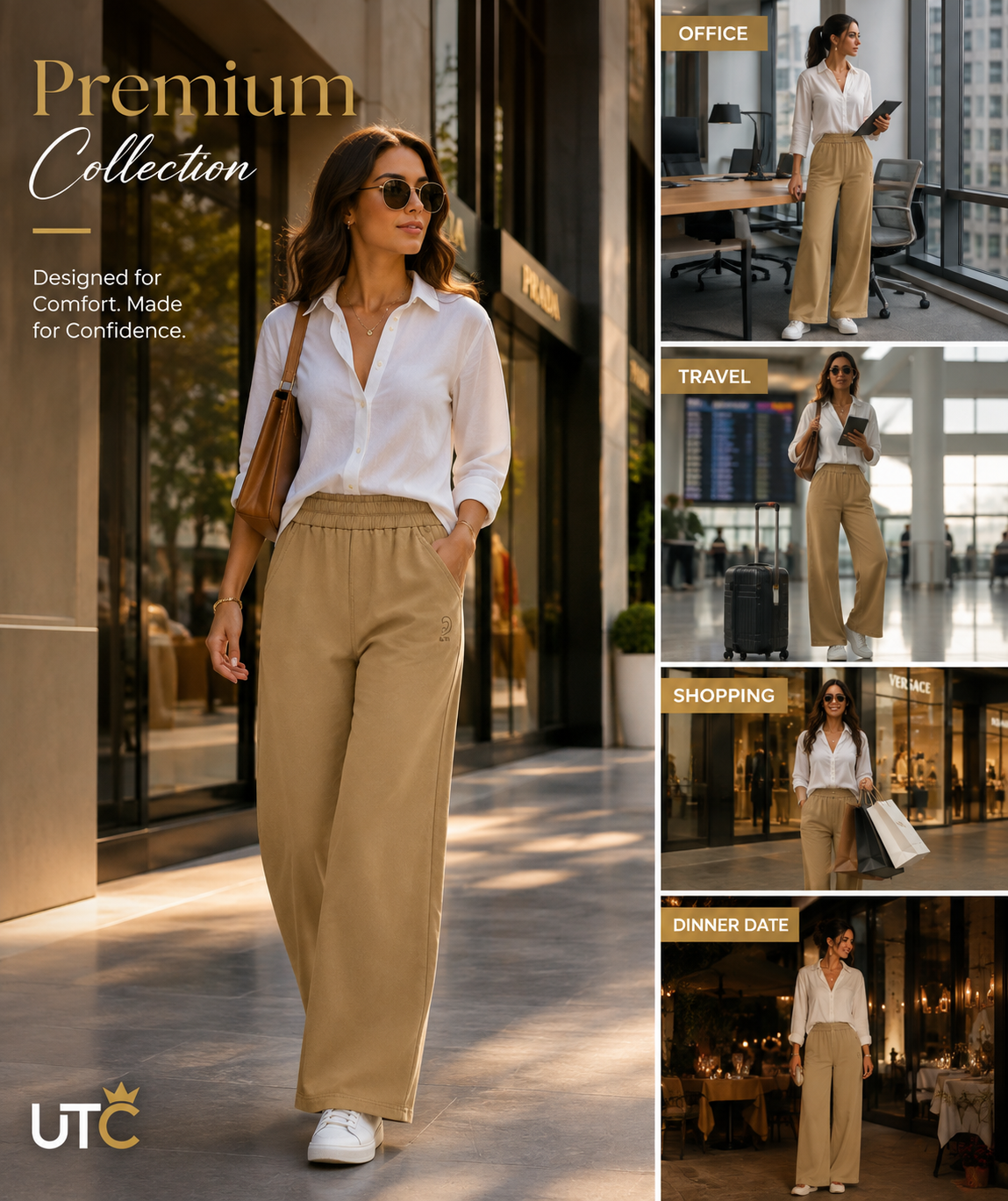 LIMORE Women's Beige Wide-Leg Pants – High-Waist Elastic Casual Trousers