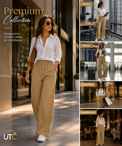 LIMORE Women's Beige Wide-Leg Pants – High-Waist Elastic Casual Trousers