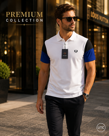 🏆 Premium Men's Color Block Polo Shirt 👕 | Soft Cotton Blend | Modern Smart Casual | White & Royal Blue