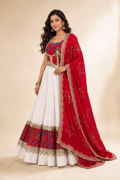 Women’s Red & White Navratri Lehenga Choli Set with Red Dupatta – 3 Piece
