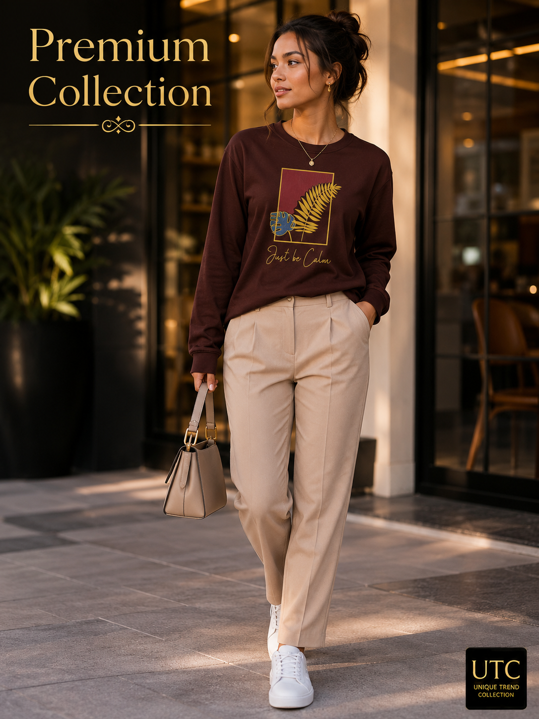 Formal Girl Women’s Oversized Chocolate Brown Long Sleeve Graphic T-Shirt – Just Be Calm