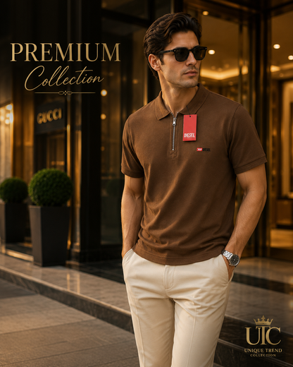 Premium Men's Coffee Brown Quarter-Zip Polo Shirt | Soft Cotton Blend Casual Polo