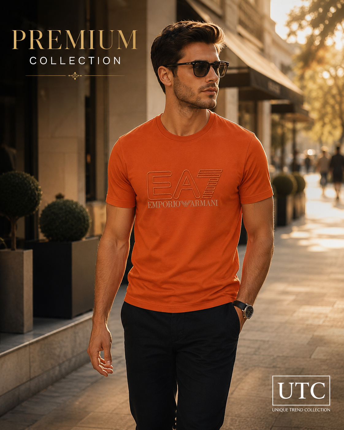 🧡 EA7 Emporio Armani Men's Premium Logo T-Shirt | Orange Cotton Crew Neck