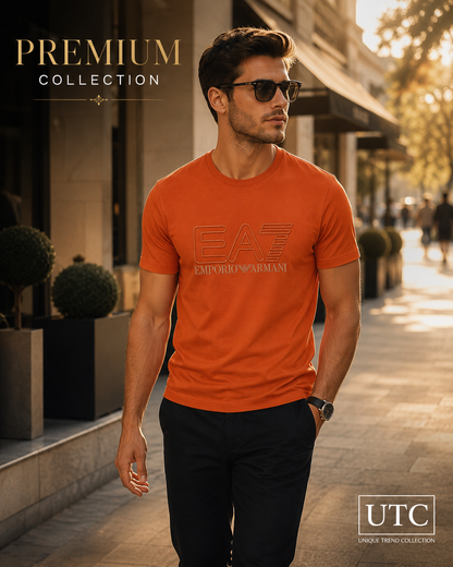 🧡 EA7 Emporio Armani Men's Premium Logo T-Shirt | Orange Cotton Crew Neck