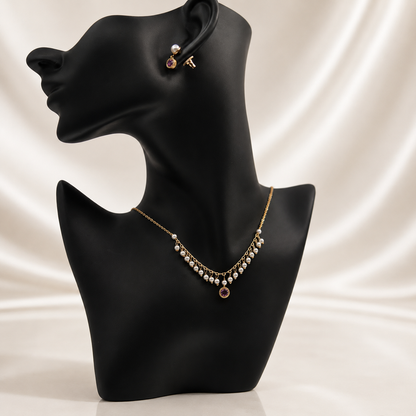 👑 Luxury Gold Pearl & Purple Crystal Necklace & Earrings Set for Women | Elegant Designer Jewelry Gift ✨