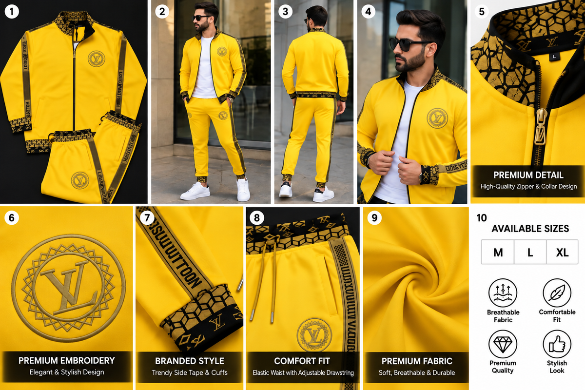 Louis Vuitton Logo Yellow & Black 2-Piece Tracksuit | Zip Jacket & Joggers