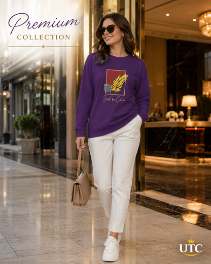 Women's Premium Oversized Long Sleeve Graphic Cotton T-Shirt – Purple | Just Be Calm Casual Crew Neck Tee