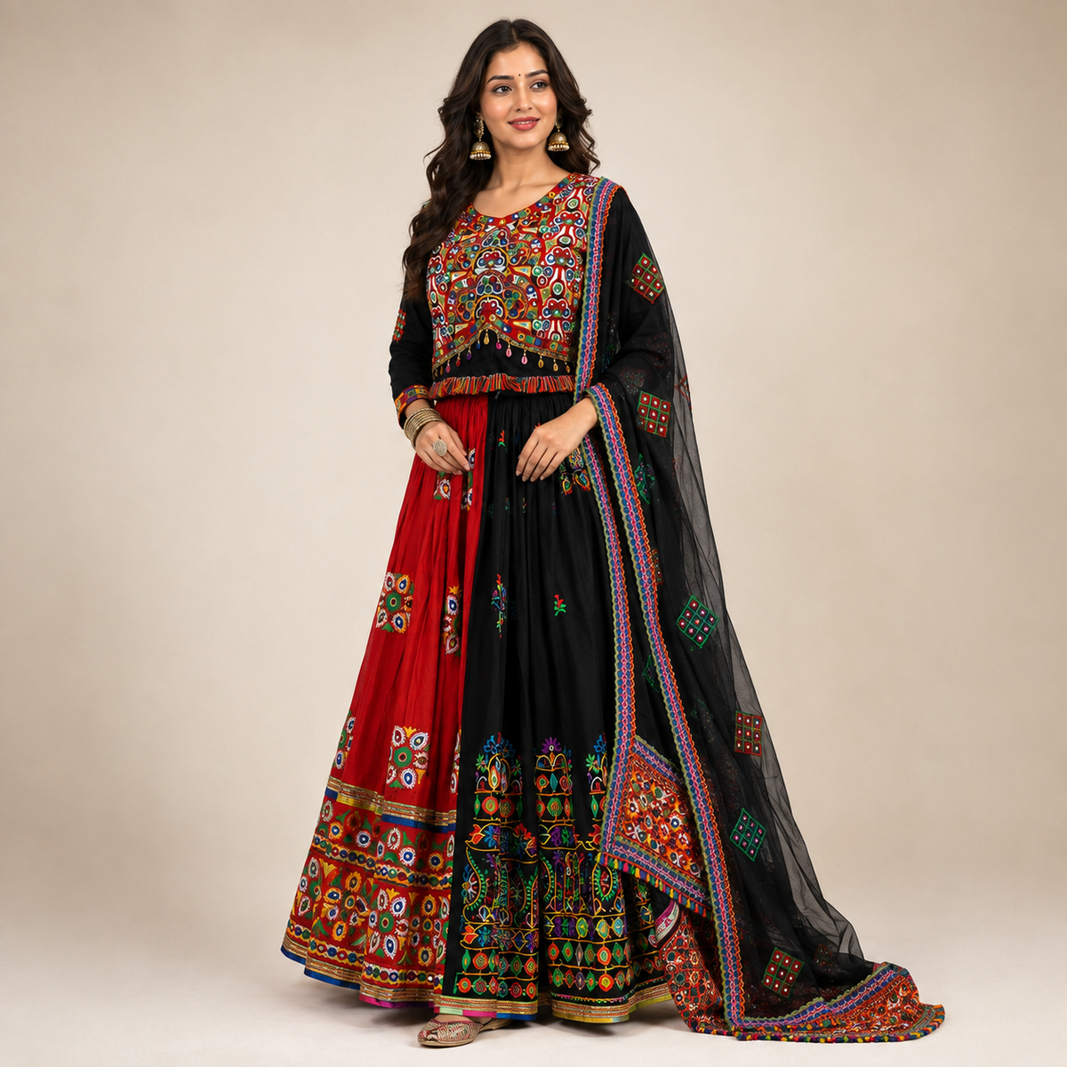 Women’s Red & Black Multicolour Navratri Garba Chaniya Choli Set – 3 Piece