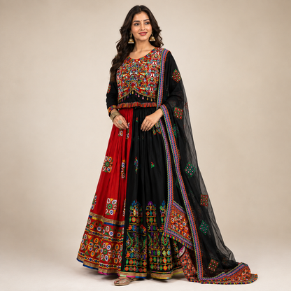 Women’s Red & Black Multicolour Navratri Garba Chaniya Choli Set – 3 Piece