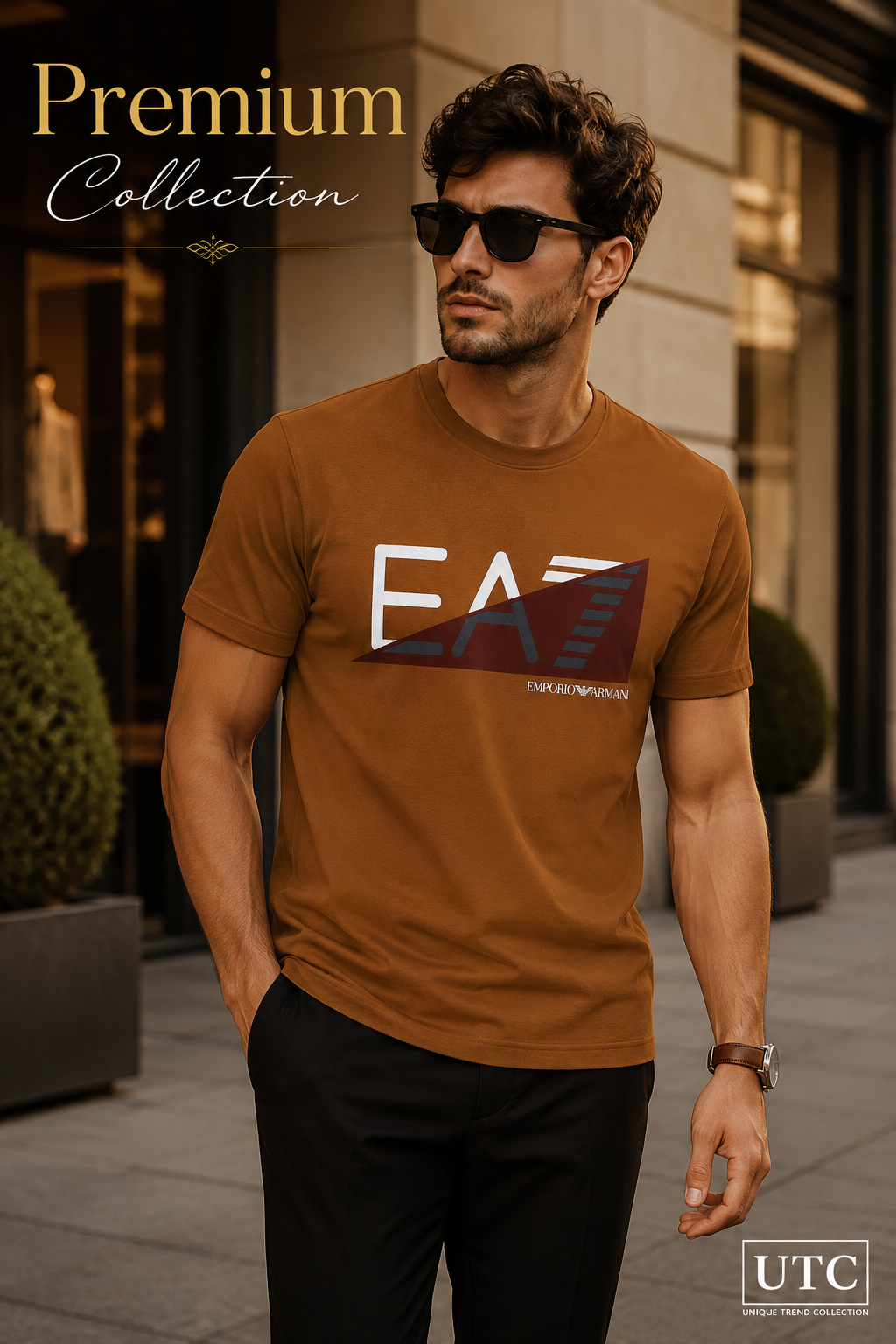 🤎 EA7 Emporio Armani Men's Premium Graphic Logo T-Shirt | Brown Cotton Crew Neck