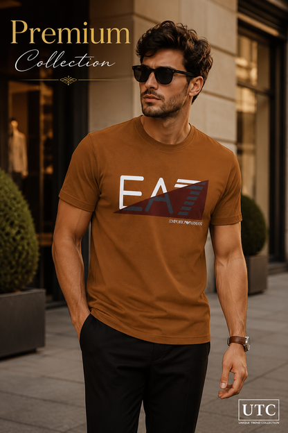 🤎 EA7 Emporio Armani Men's Premium Graphic Logo T-Shirt | Brown Cotton Crew Neck