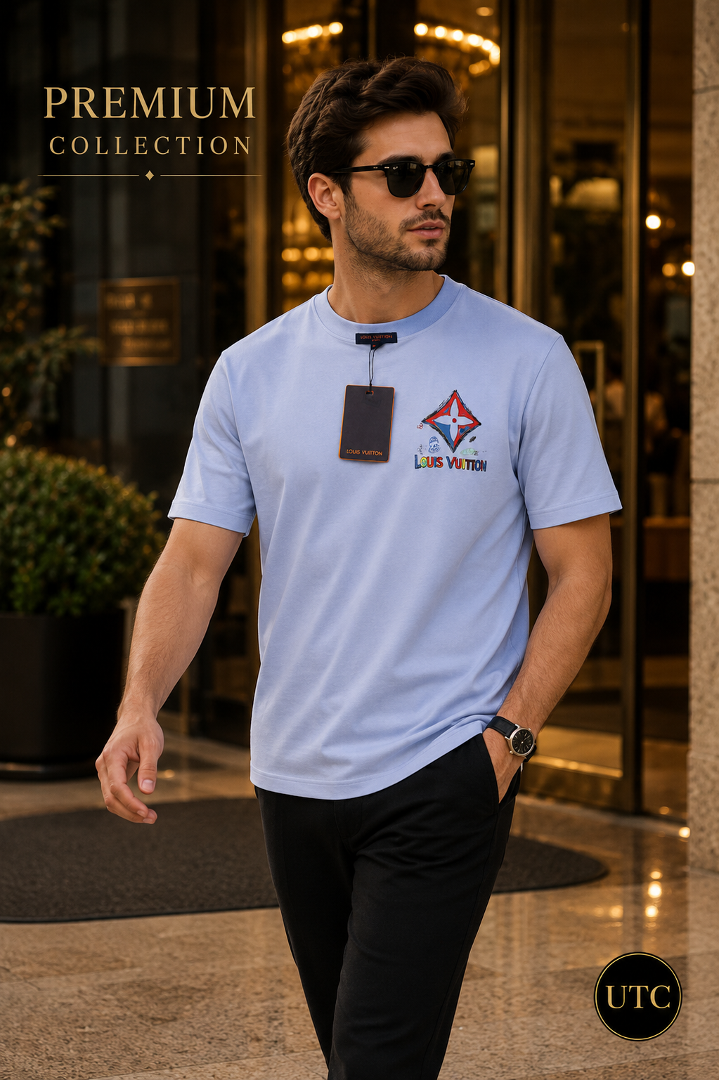 🩵 Louis Vuitton Men's Premium Sky Blue Logo T-Shirt 👕✨ | Luxury Cotton Crew Neck | 100% Authentic