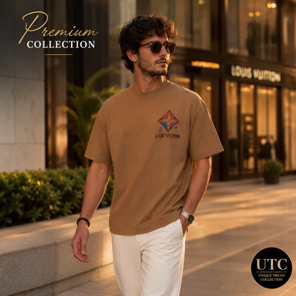 Louis Vuitton Men's Premium Cotton Short Sleeve T-Shirt | Luxury Casual Crew Neck | Camel Brown
