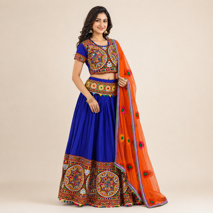 Women’s Royal Blue & Orange Navratri Garba Chaniya Choli Set – 3 Piece