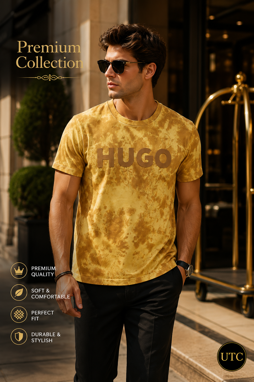 👕 HUGO Men's Premium Tie-Dye Logo T-Shirt 💛🔥 | Soft Cotton Crew Neck | Modern Casual Wear