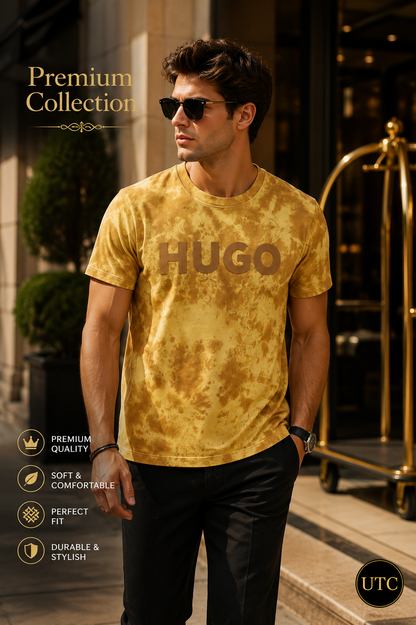 👕 HUGO Men's Premium Tie-Dye Logo T-Shirt 💛🔥 | Soft Cotton Crew Neck | Modern Casual Wear