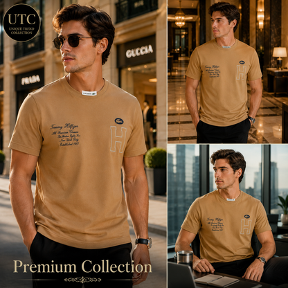 Tommy Hilfiger Men's Premium Camel Crew Neck T-Shirt | Short Sleeve Cotton Designer Tee