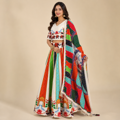 Women’s White Multicolour Navratri Garba Chaniya Choli Set – 3 Piece